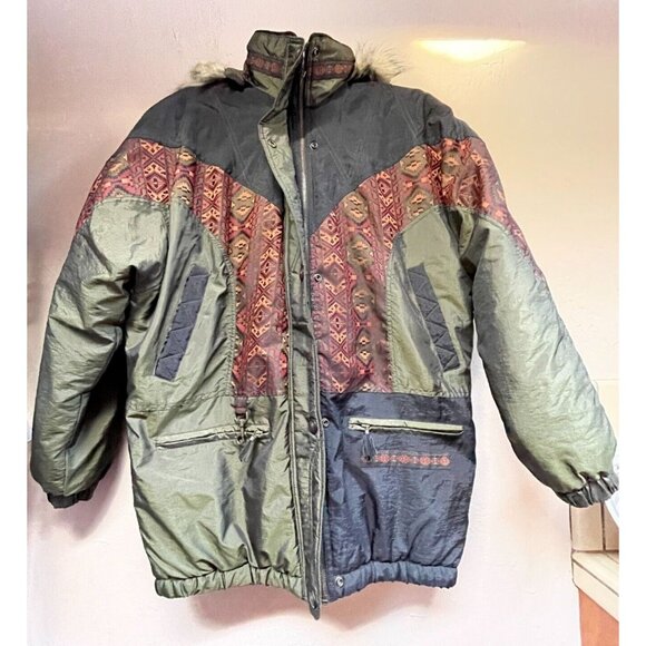 Vintage Winlit Womens Medium Fur Hoodie Ski Jacket Full Zip Patchwork Packable